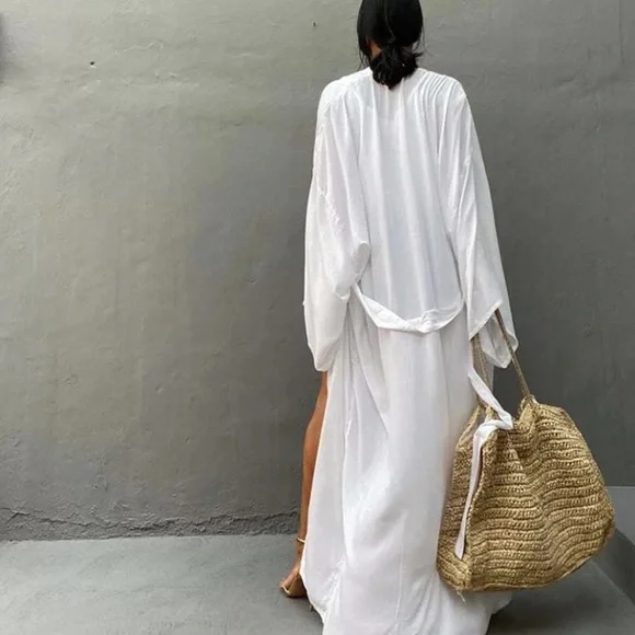 PreWashed Cotton Maxi Duster Kimono, Oversized Beach Coverup W/Sash Tie NWT - Picture 2 of 6